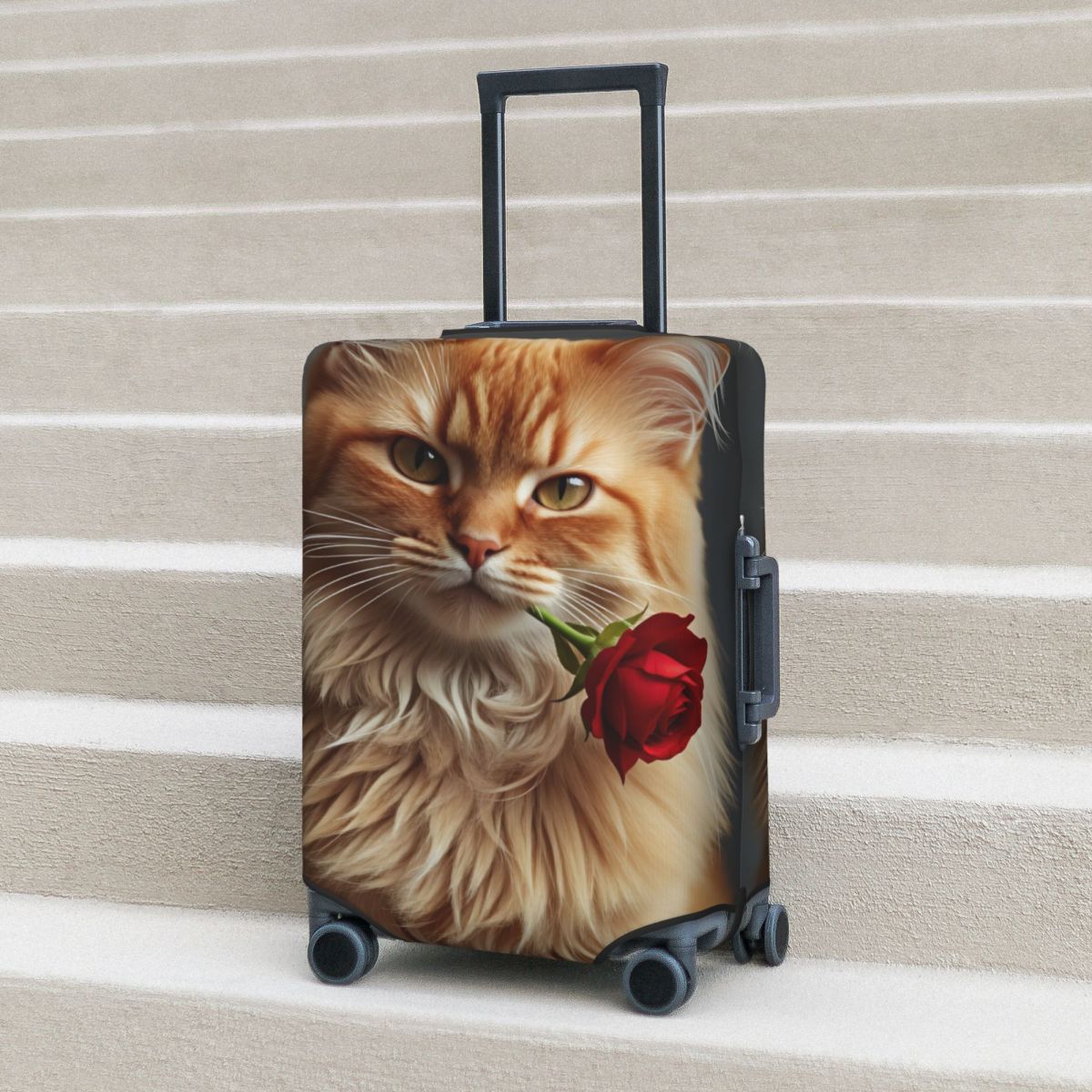 Travel Accessories Long Flight - แมวยาวหางยาวแสนน่ารักพร้อมปลอกกระเป๋าเดินทางลายดอกกุหลาบ อุปกรณ์ป้องกันกระเป๋าเดินทางสำหรับการเดินทางทางอากาศ