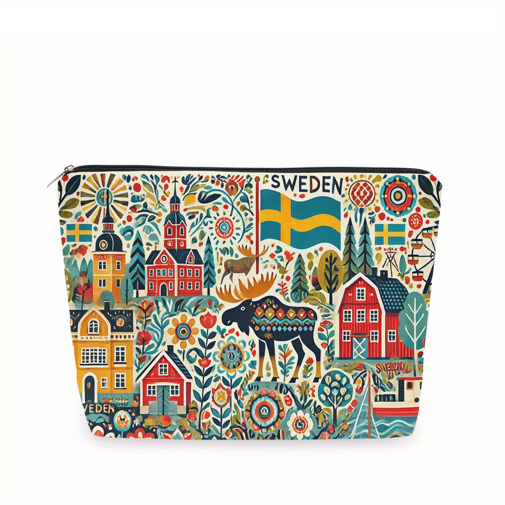 Travel Accessories Jewelry - กระเป๋าแต่งหน้าธีมสวีเดน - กระเป๋าซิปมัลติฟังก์ชั่นสำหรับผู้หญิง, กระเป๋าเก็บเครื่องประดับ, กระเป๋าเก็บของขนาดเล็กซิปสำหรับเดินทางที่สมบูรณ์แบบ