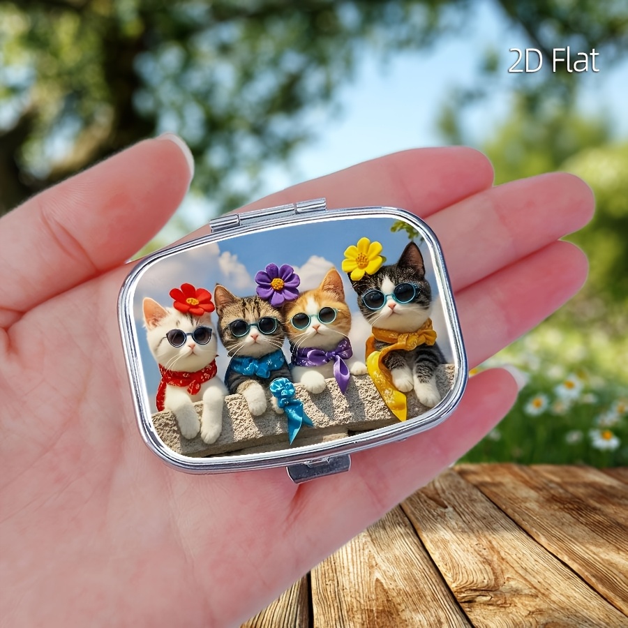 Travel Accessories As Gifts - ดีไซน์เรียบง่าย, กล่องใส่ยาลายน้องแมวน่ารัก 1 ชิ้น พร้อมสองช่องแยกสำหรับเก็บยา เหมาะสำหรับใช้ในบ้าน,