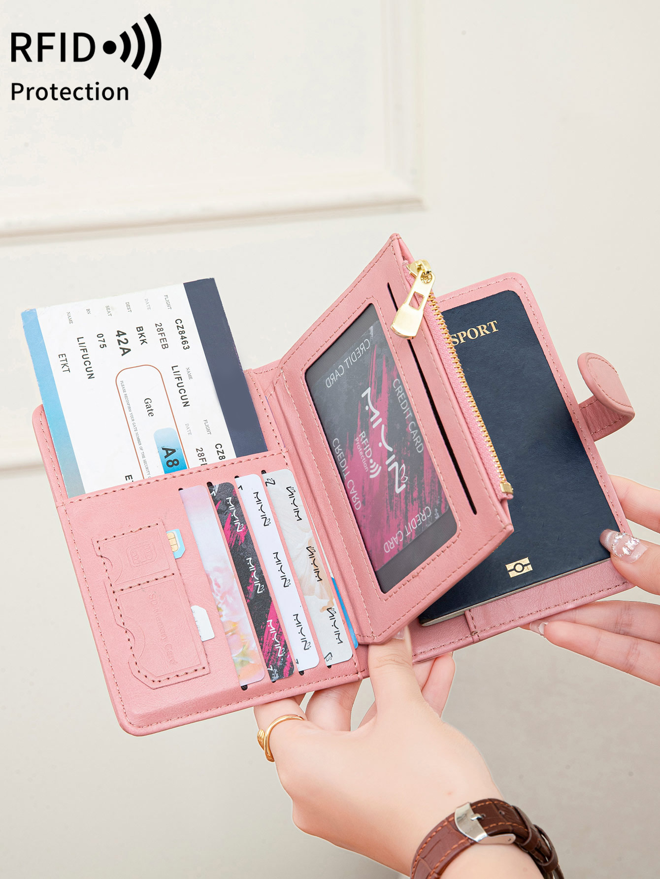 Travel Accessories Wallet - กระเป๋าใส่พาสปอร์ต RFID ป้องกันการโจรกรรมอเนกประสงค์ ดีไซน์ทันสมัย พร้อมช่องใส่บัตรหลายช่อง คลิปหนีบพาสปอร์ต